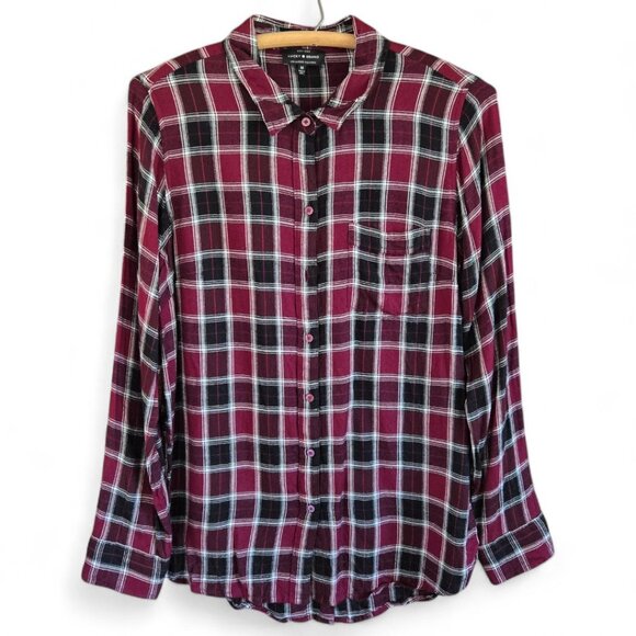 Lucky Brand Tops - Lucky Brand Medium Button Up Tunic Top Womens Red Black Plaid Split Hem Flannel